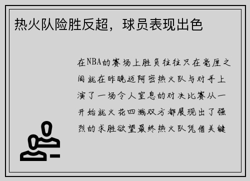 热火队险胜反超，球员表现出色